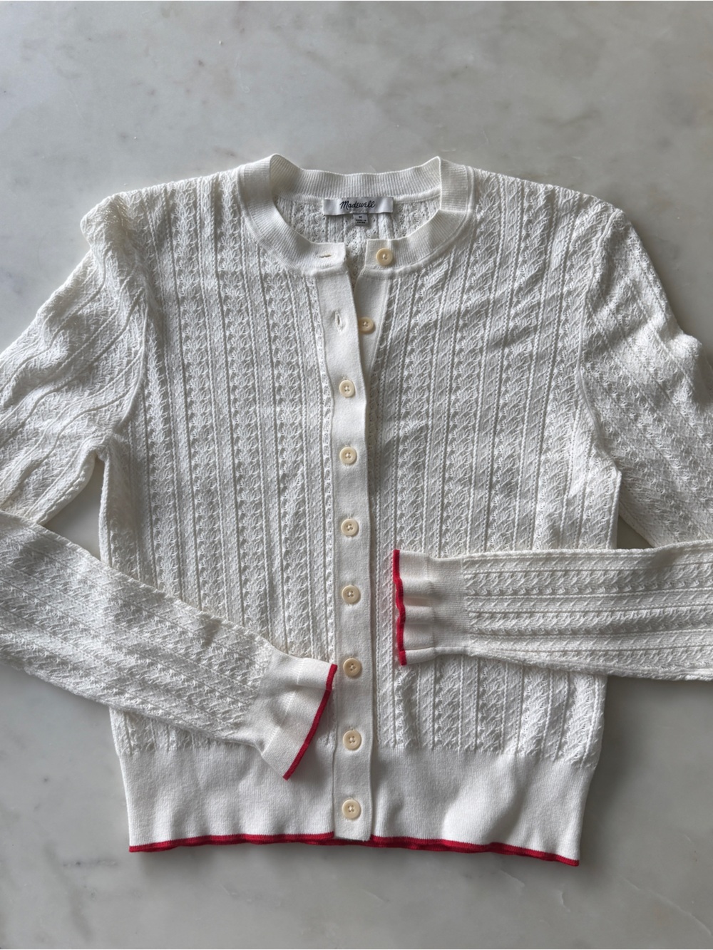 Madewell White Cable-Knit Button Cardigan with Red Cuff Detail